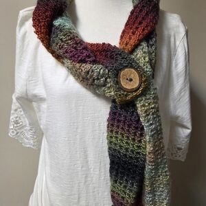 Handmade Multicolor Knit Scarf with Button Accent